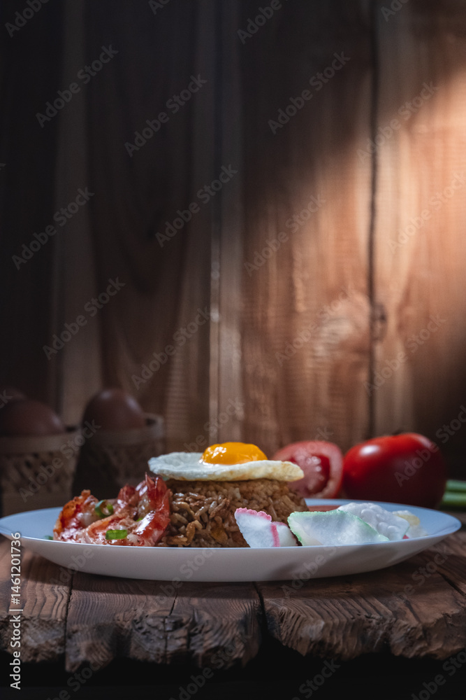 Side view of a plate of fried rice topped with a fried egg, served with shrimp, crackers, and vegetables, placed on a rustic wooden table with natural lighting