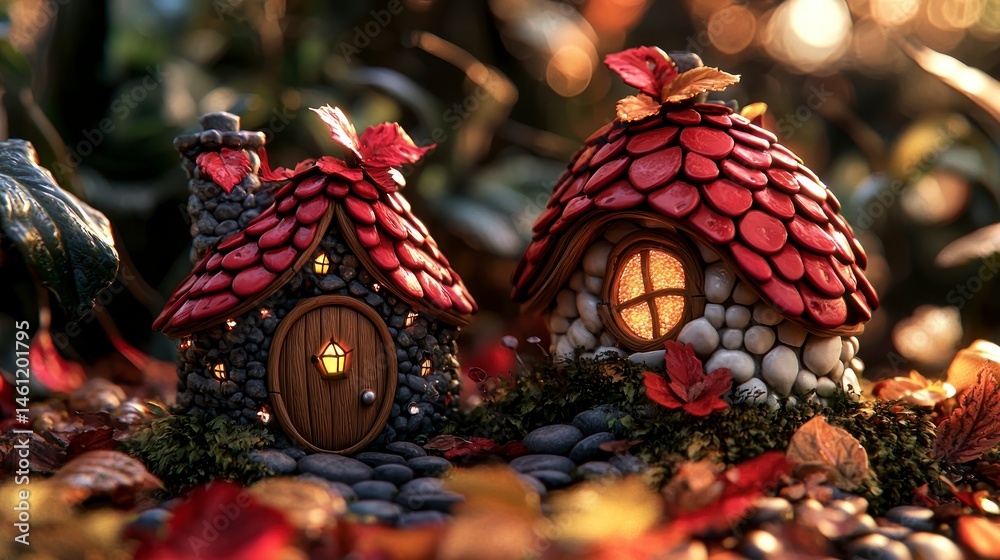 Naklejka premium Miniature homes nestled in autumn leaves and moss