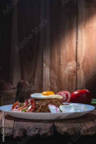 Obraz na płótnie Side view of a plate of fried rice topped with a fried egg, served with shrimp, crackers, and vegetables, placed on a rustic wooden table with natural lighting w salonie