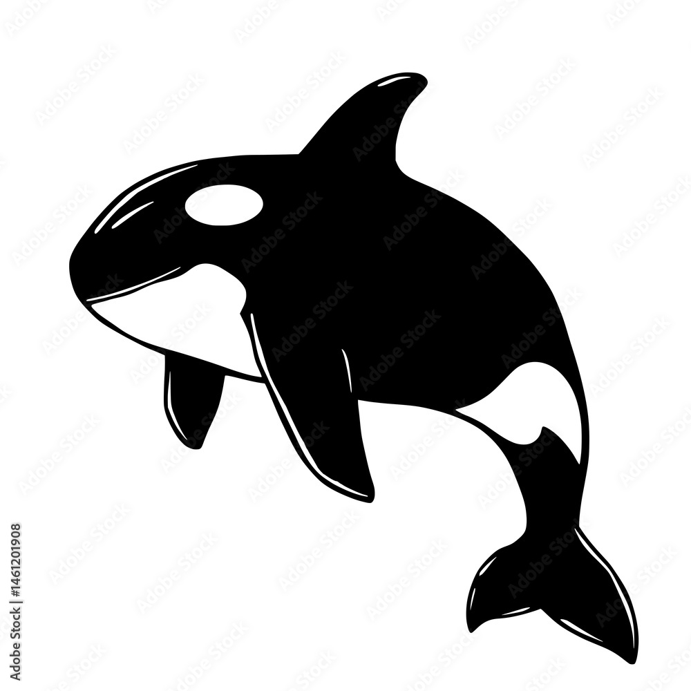 Obraz premium Orca depiction: A stylized, monochrome illustration of a majestic orca, also known as a killer whale, elegantly leaping. This artwork captures the grace and power of this iconic marine mammal.