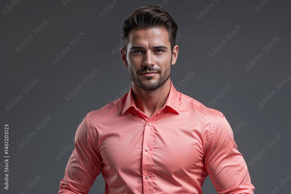 Fototapeta premium Confident Businessman Wearing Coral Shirt on Gray Background
