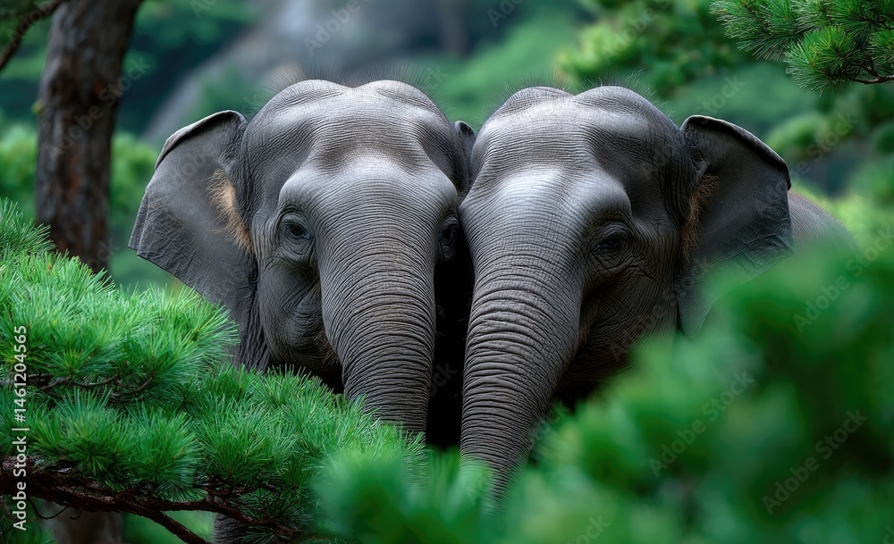 Fototapeta premium Two elephants in the lush greenery of an Asian wildlife park, their gentle trunk caresses creating love and connection amidst nature's beauty