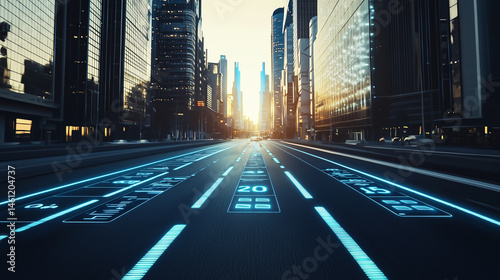 Bright sunrise over a futuristic city street with digital pathway markings