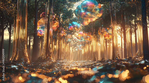 Magic forest with colorful clouds and shimmering stream at sunset