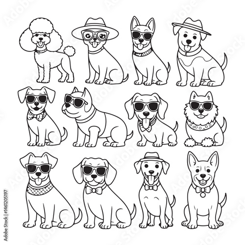 Stylish dogs retro with white background. The style should be clean line art, black and white, reminiscent of a coloring page