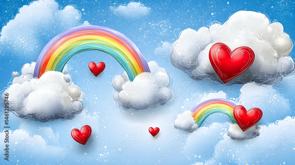 Fototapeta premium Colorful Rainbow Clouds Hearts Background