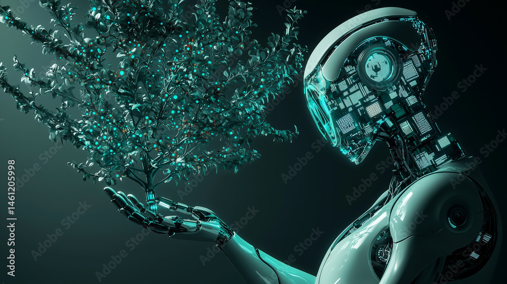 Fototapeta premium Futuristic robot nurturing a glowing tree in a dark environment