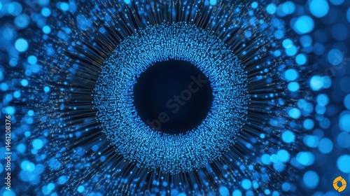 A close-up abstract image featuring a circular pattern of glowing blue lights radiating outward, resembling a digital eye or fiber optic network.