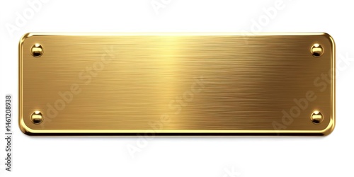 Rectangular gold metal plaque with rounded corners and screws on white background.