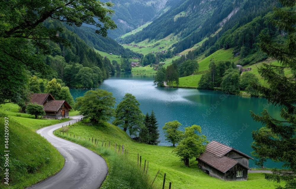 Fototapeta premium A picturesque view of the village with its green, grassy hills, quaint houses nestled among rolling fields, and the turquoise waters of the lake in the background.