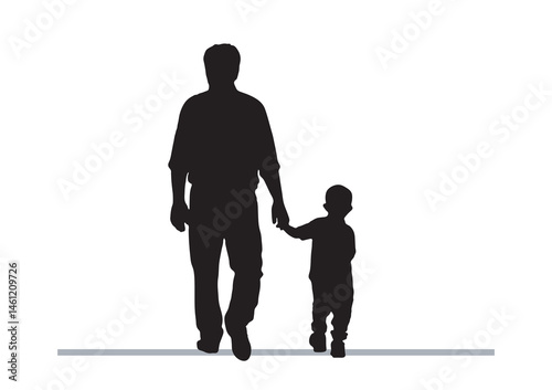 Silhouette of a father holding hands with his child, symbolizing love and family bonding. Perfect for fathers day, parenting, and relationship themes. Black and white vector illustration. Father, son