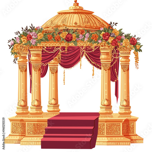 Elegant mandap adorned with flowers for a wedding event. PNG image, transparent background