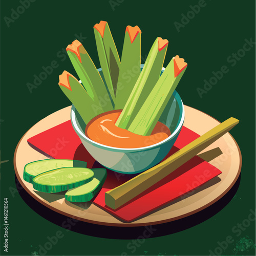 Celery sticks with dip and cucumber slices.