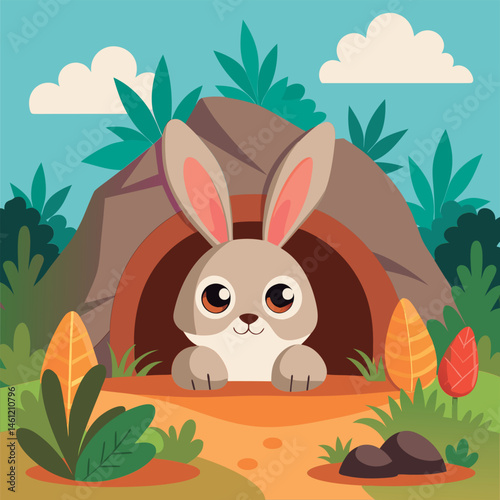 Cute bunny peeking from burrow.