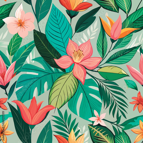 Vibrant tropical flower and leaf pattern.