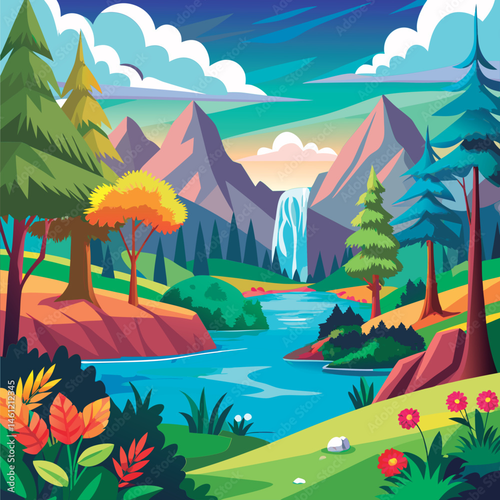 Obraz premium Colorful mountain landscape with waterfall.