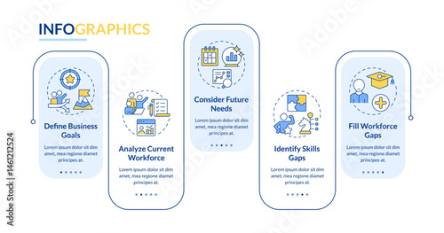 Workforce forecasting rectangle infographic vector. HR strategy. Predicting recruitment needs. Data visualization with 5 steps. Editable rectangular options chart. Lato-Bold, Regular fonts used