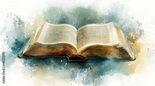 Subtle watercolor of an open prayer book with gentle lighting around it..