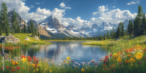 Lush wildflowers bloom by clear mountain lake under bright blue sky in summer