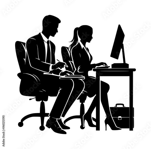 Man and Woman Using Computer Silhouette Vector