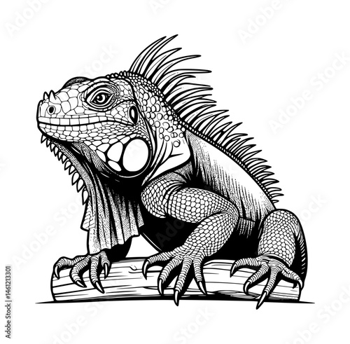 Iguana Coloring Page for Kids in Black Silhouette Vector