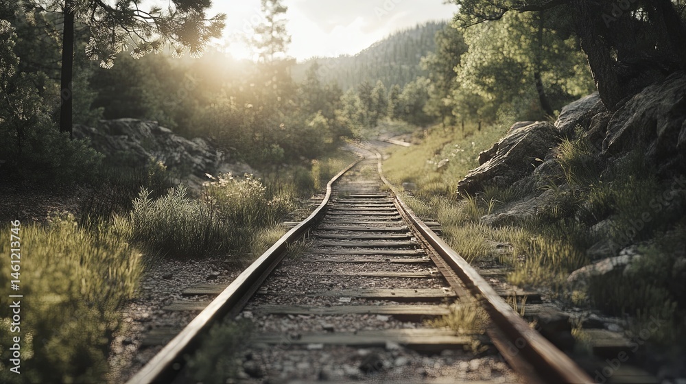 Obraz premium Train tracks vanish, realistic, cinematic light, sharp focus.