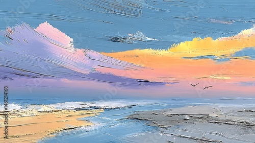 An impressionistic view shows a shore, sky, and water rendered in textured brush strokes. The sky reveals a pastel color scheme while the water is a muted blue