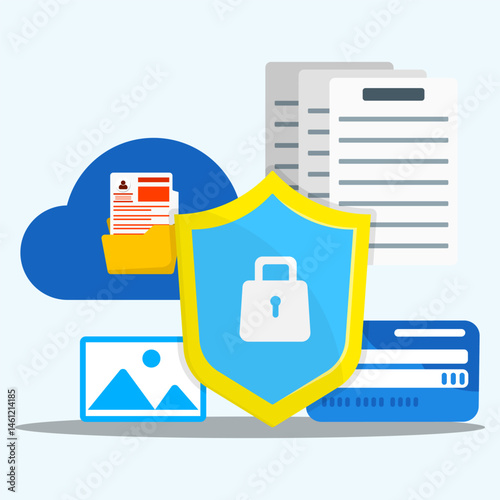 Data and account protection concept. Personal data and online payment protection. Cloud storage security system and encrypted cloud data