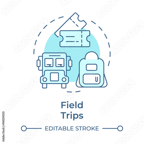 Field trips soft blue concept icon. School bus. Service fee, tickets. Excursion, museum. Round shape line illustration. Abstract idea. Graphic design. Easy to use in article, infographic