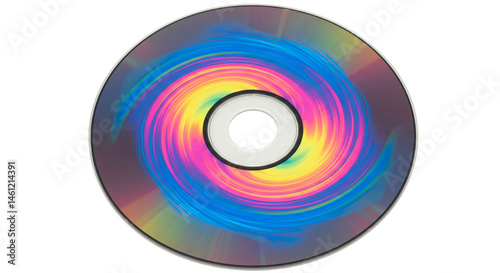 Colorful compact disc (CD/DVD) with rainbow reflection isolated on transparent background, perfect for music or software packaging, retro digital media artwork, and storage device icons