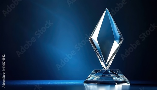 Crystal trophy with diamond-shaped top and faceted base illuminated on dark blue background.