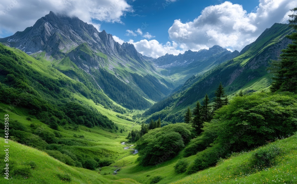 Obraz premium the majestic Dolomites in Italy, with green grass and yellow flowers on their slopes, under a blue sky with white clouds