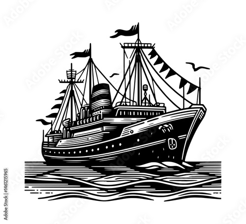 Outlined Silhouette Ship in Black Vector Illustration