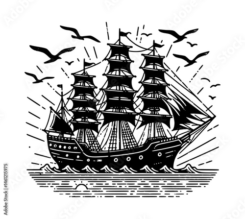 Black Vector Ship Outline with Silhouette Style Illustration