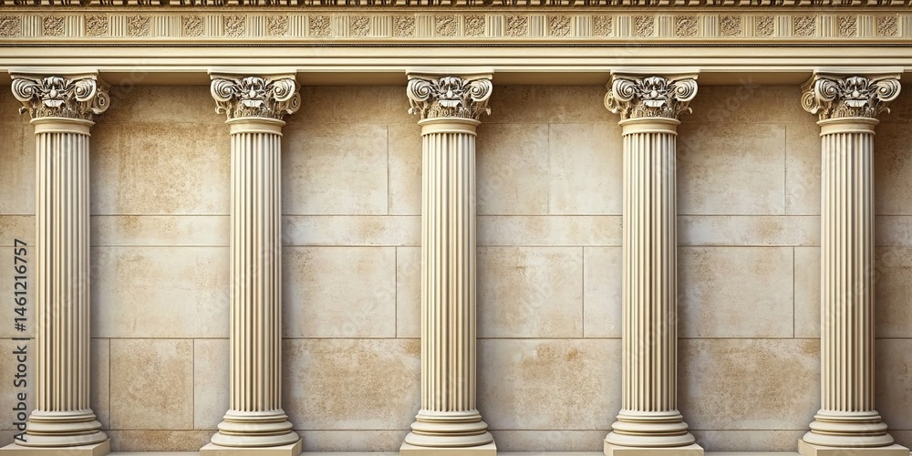 Obraz premium Several white columns in the classical style stand in front of the stone wall, creating a ancient Greek architecture solemn atmosphere.