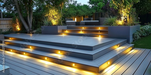 A modern outdoor wooden deck with multi-level steps, featuring yellow lights and outdoor furniture, surrounded by greenery and grass, creating a night leisure atmosphere.