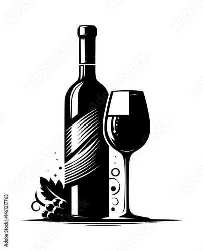 Wine bottle and glass black color vector white background silhouette