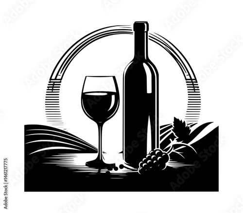 Wine bottle and glass black color vector white background silhouette