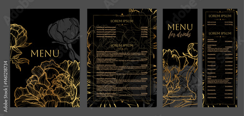 Luxurious food and drinks menu designs. Restaurant menu template. Elegant vector A4 format with high quality flowers for print and online usage. Golden hand drawn line art peony illustrations. 