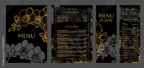 Luxurious food and drinks menu designs. Restaurant menu template. Elegant vector A4 format with high quality flowers for print and online usage. Golden hand drawn line art exotic orchid illustrations.
