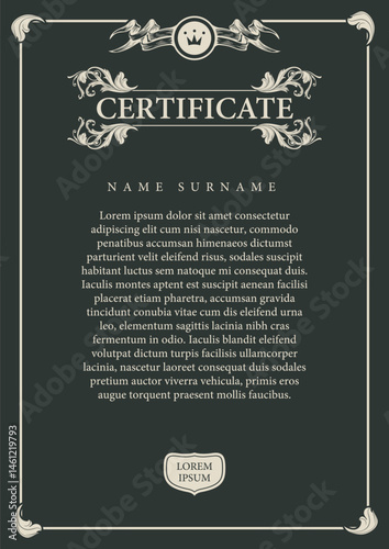 Vector a4 diploma, certificate or flyer with vintage baroque frame in royal style with ribbons, flags and crown and space for inscription on black background. No AI used