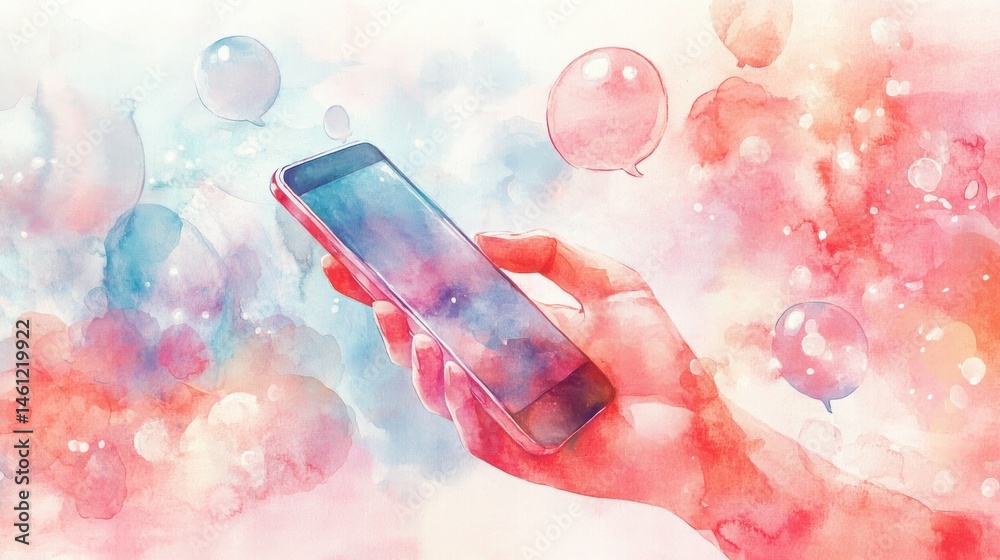 A hand holds a smartphone amidst colorful, dreamy watercolor chat bubbles, symbolizing digital communication and connection.