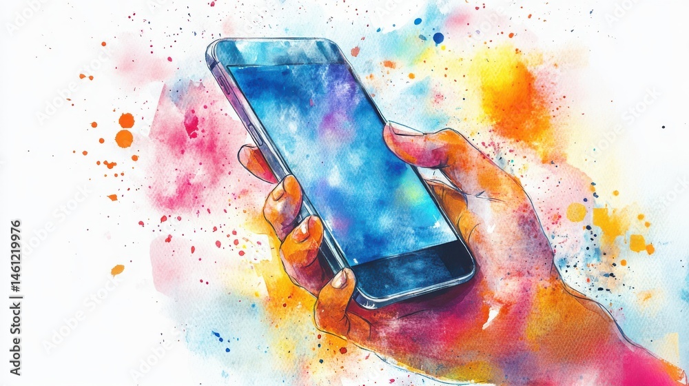 A colorful watercolor illustration of a hand holding a smartphone, surrounded by vibrant paint splashes.