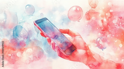 Obraz na płótnie A hand holds a smartphone amidst colorful, dreamy watercolor chat bubbles, symbolizing digital communication and connection. w salonie