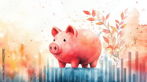A pink piggy bank stands amid artistic financial graphs and autumn leaves in a watercolor style. photo