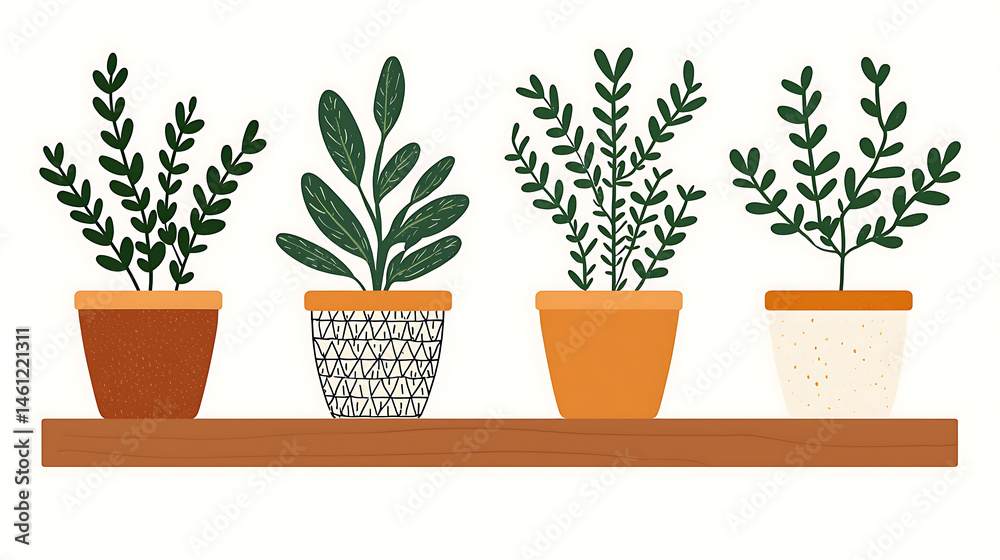 Fototapeta premium Flat art style illustration of various potted green plants shelf creates calm and natural home decor scene. Copy space