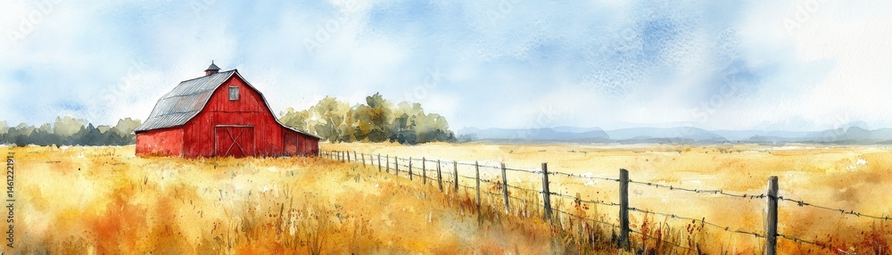 A red barn sits in a golden field, bordered by a wire fence under a bright, open sky with distant mountains in the background.