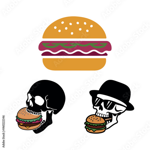 a skull eating fast food burger and hamburger vintage vector icon set design illustrations