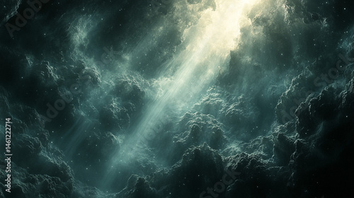Light Beams Through Dark Storm Clouds in Space