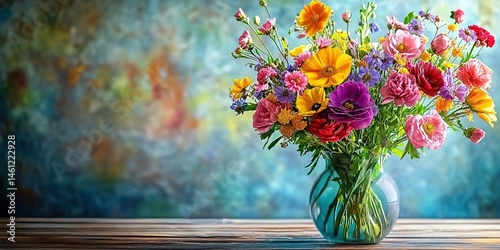 Colorful flower bouquet in glass vase on wooden table with blurred multicolored background.